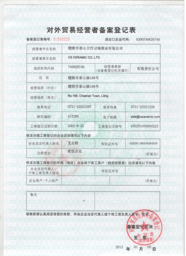 CS CERAMIC CO.,LTD'S Export License 