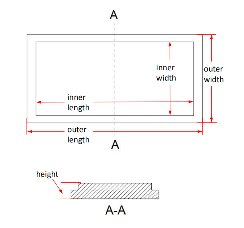 Details zur Größe der rechteckigen Abdeckung aus Aluminiumoxid (innere Schnalle).